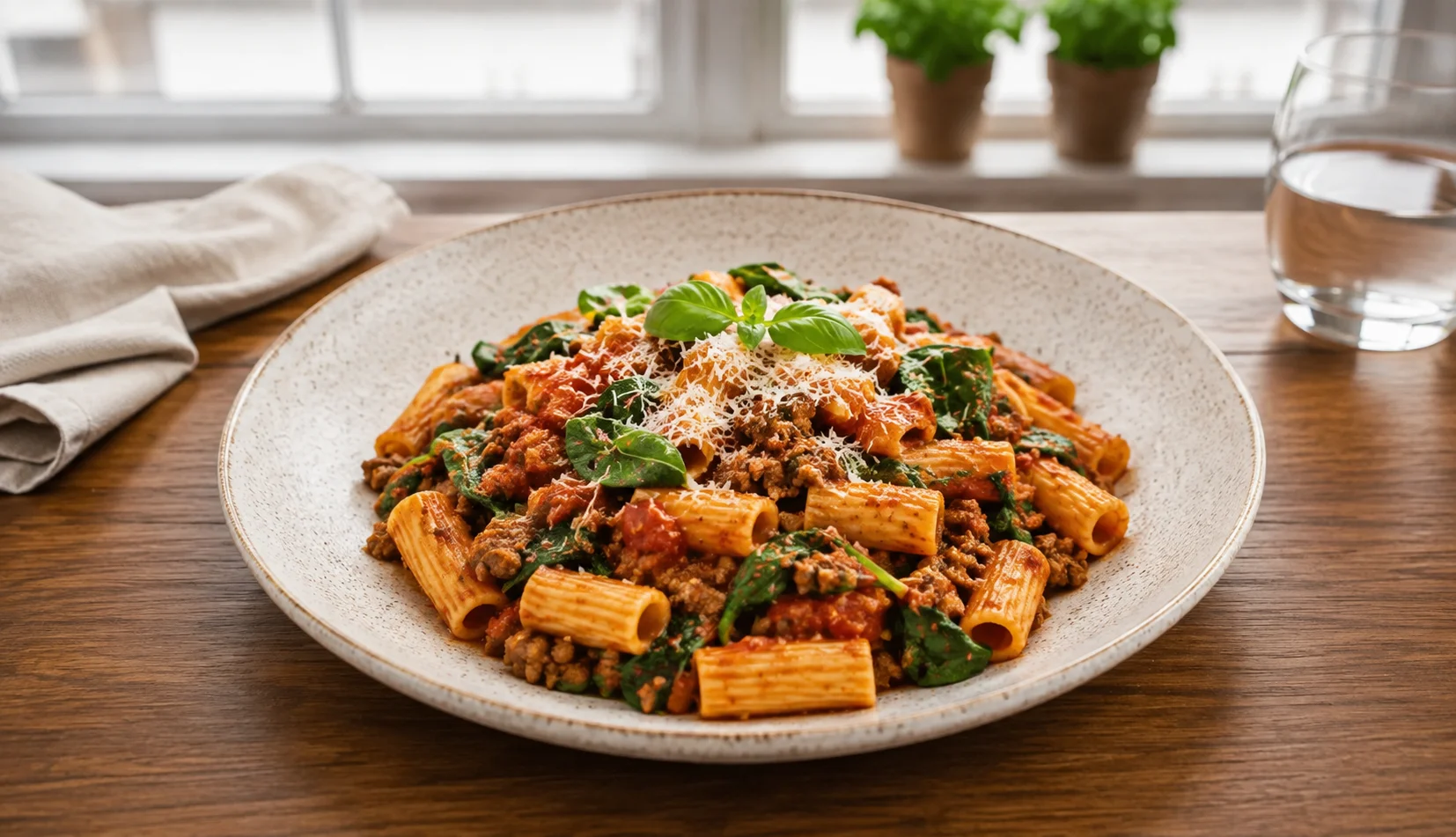 Beef Rigatoni with Spinach